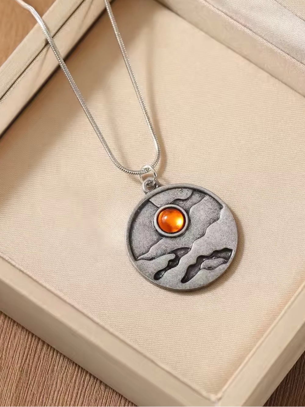 Silver Tone Mountain Sunset Round Pendant Necklace Orange Gem Boho Jewelry